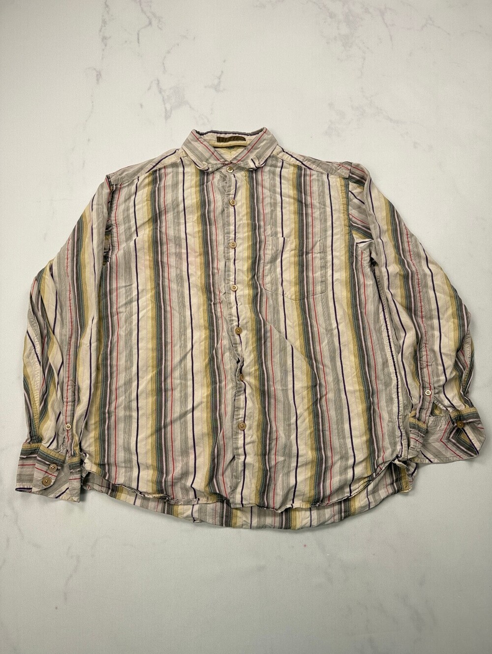 Tommy Bahama Button-Up Shirt Beige 90S Stripe - Mens L/G